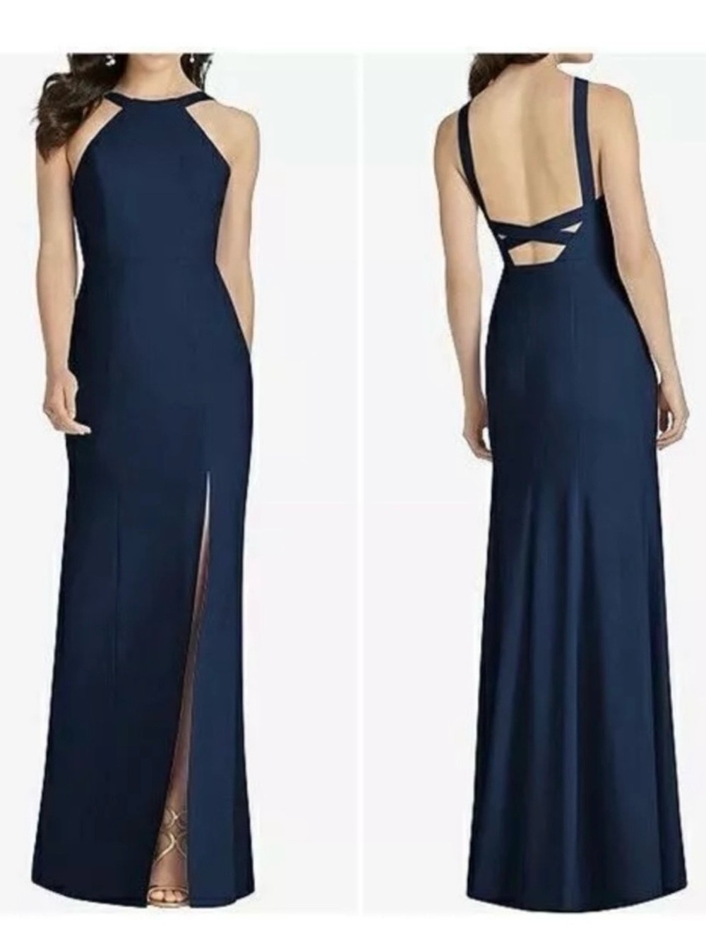 Dessy Collection Halter Neck Open Back Gown Dress Midnight Blue Size 18 NWT
